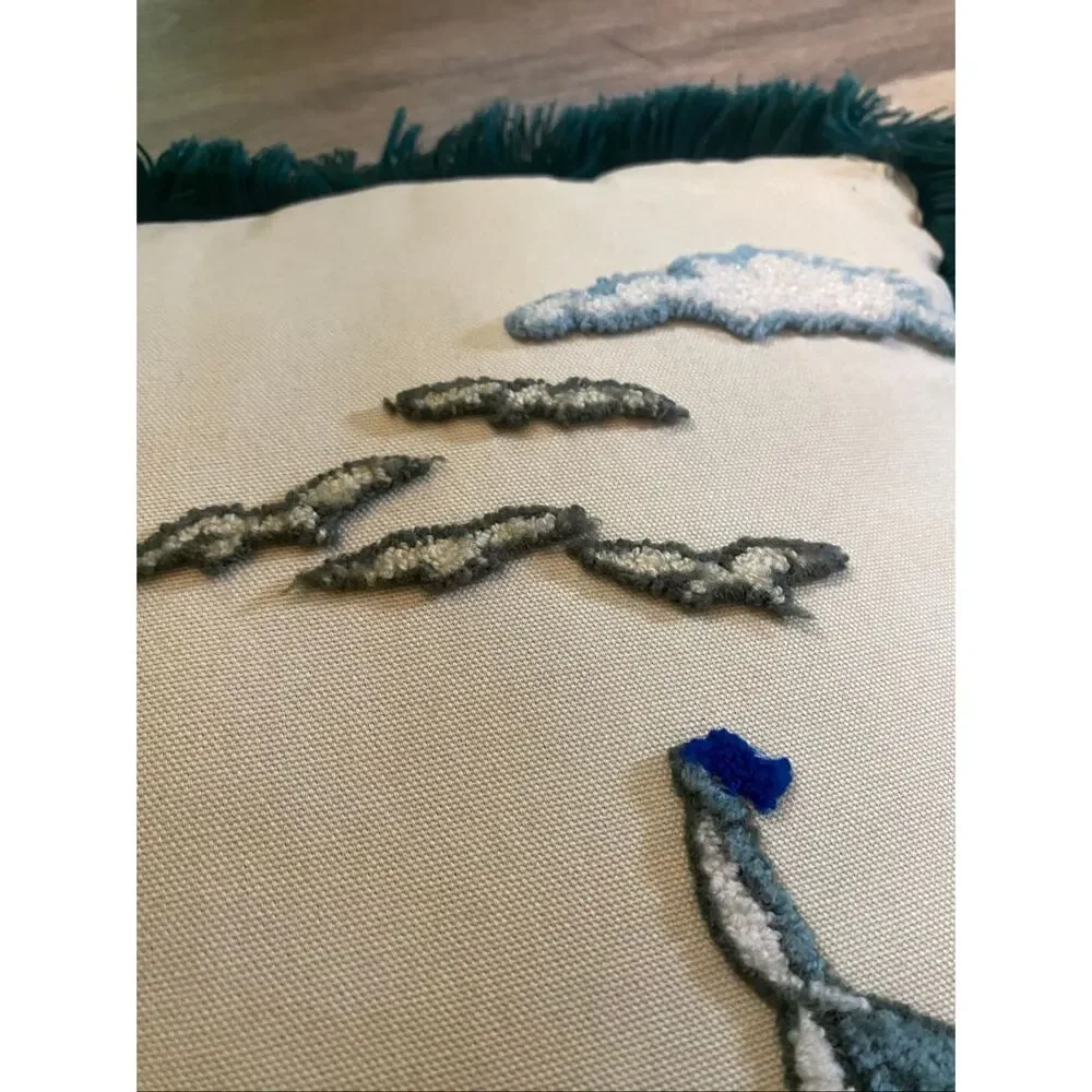 Lighthouse Sailboat Needlepoint Fringed Throw Pillow 16x16 Coastal Decor Vtge